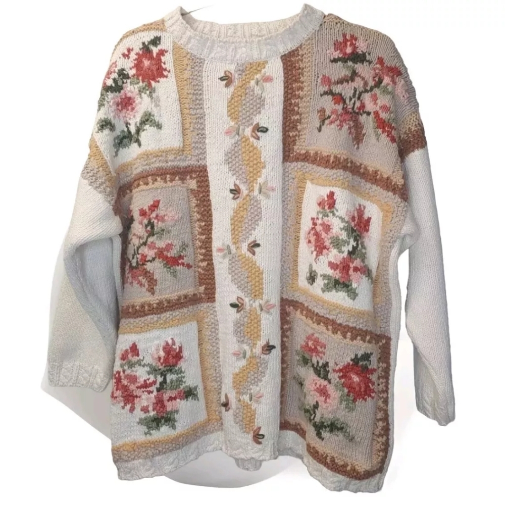 Vintage 90s Jennifer Handknit Crochet Sweater Woman 3X Patchwork Floral Cottage